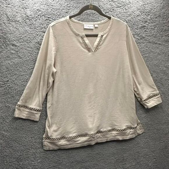 Belle Beach by Kim Gravel Large Beige V-Neck Top Lace Cut Out Beach Vacation - Picture 5 of 11